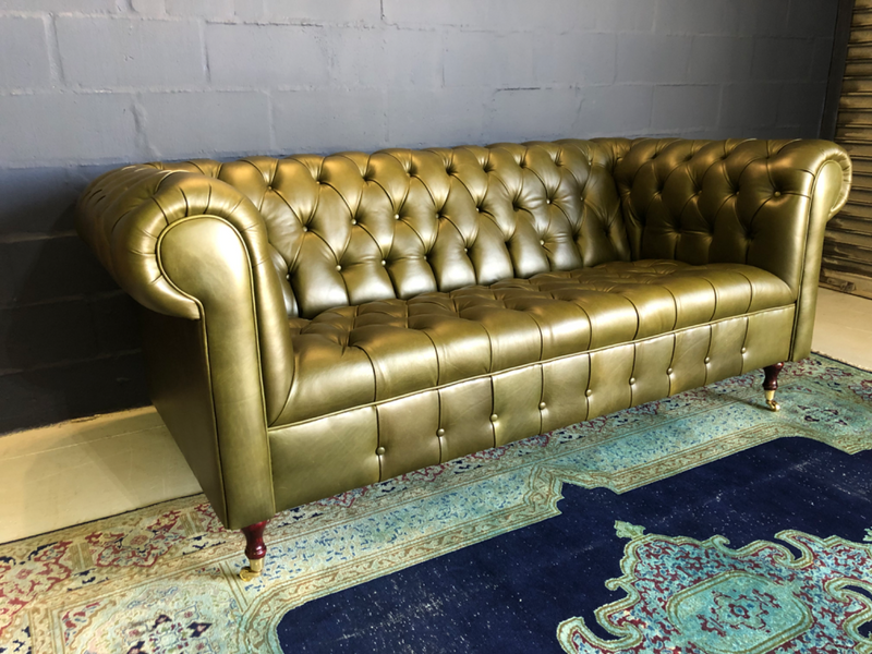 Brand new 2.2m gameskin genuine leather ENGLISH CHESTERFIELD three seater couch. (OLIVE GREEN)