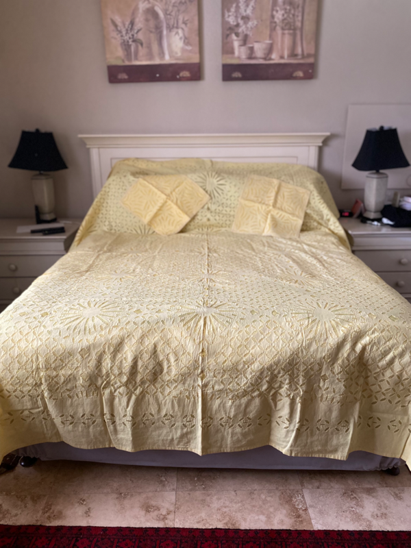Queen Size Pale Yellow Patterned Bed Throw / Sheet with Two Scatter Cushion Covers
