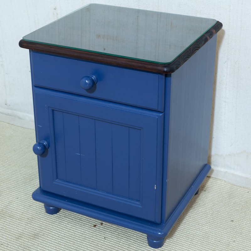 Blue Painted Wooden and Glass Top Pedestal