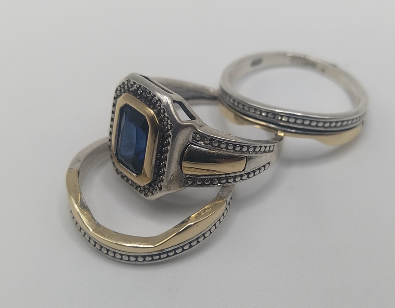 9ct Gold/Silver Tripset ring with Diamond/Blue CZ