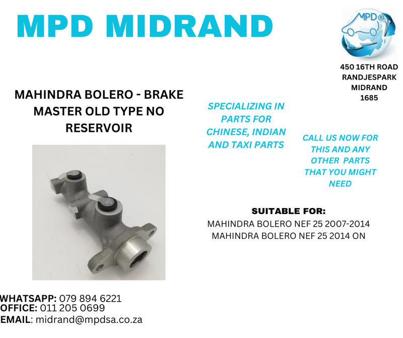 Mahindra Bolero - Brake Master Old Type No Reservoir