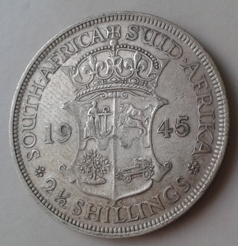 1945 S.A silver 2 1/2 Shillings VF&#43; with big die crack