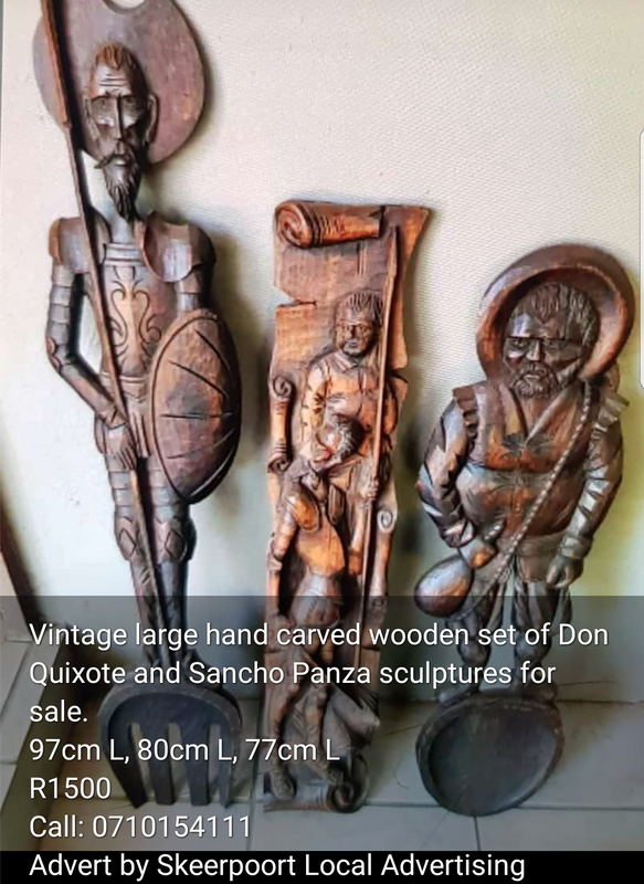Vintage large hand carved wooden set of Don Quixote and Sancho Panza sculptures for sale
