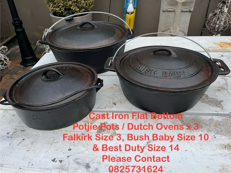 Cast Iron Flat Bottom Potjie Pots / Dutch Ovens x 3 -Falkirk 3, Bush Baby 10 &amp; Best Duty 14