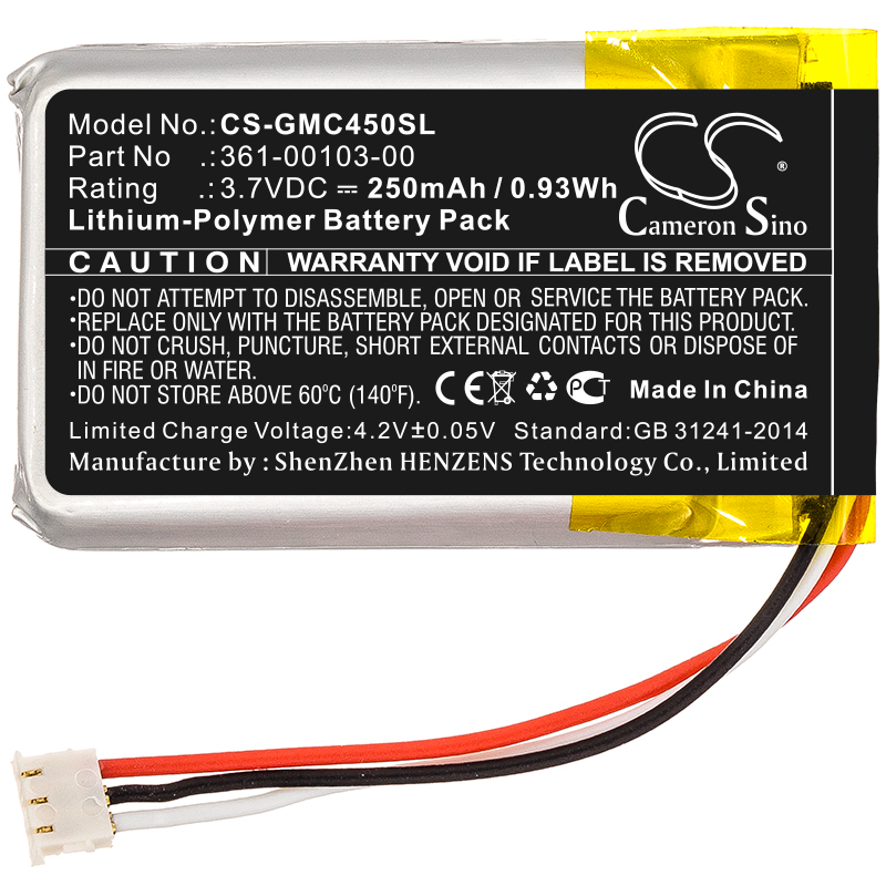 GPS, Navigator Battery   CS-GMC450SL  for  Garmin Dash Cam 45 361-00103-00  etc.