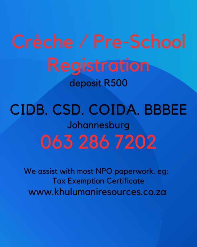 Pre-School / creche Registration ( dep R500) Cell 063 286 7202