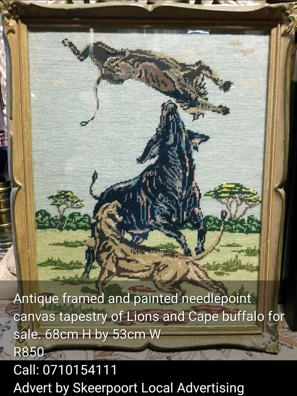 Antique Framed and painted needle point canvas tapestry of Lions and Cape buffalo for sale.