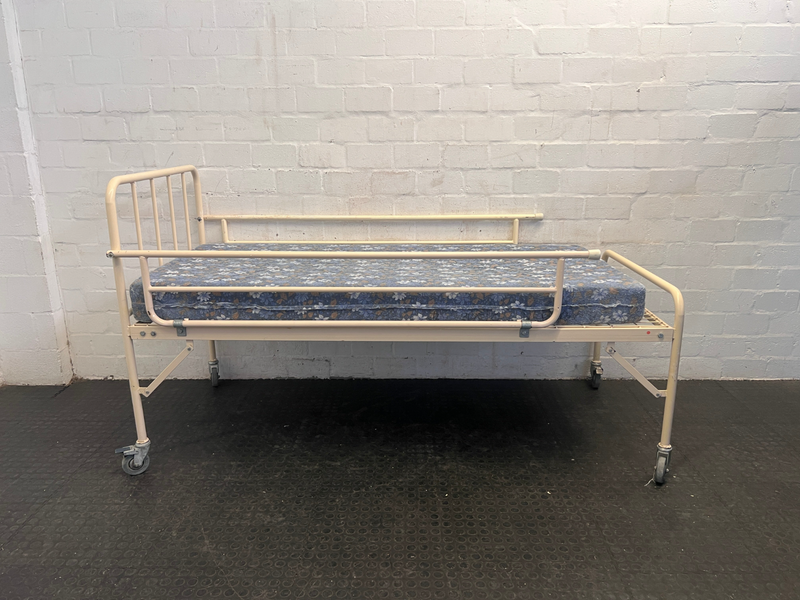 Adjustable Hospital Single Bed with Blue Floral Mattress and Cot Sides on Wheels (Pilling), A48336