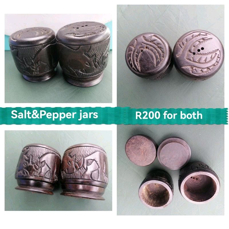 imbuia salt &amp; pepper jarsRhino hand crafted design on it