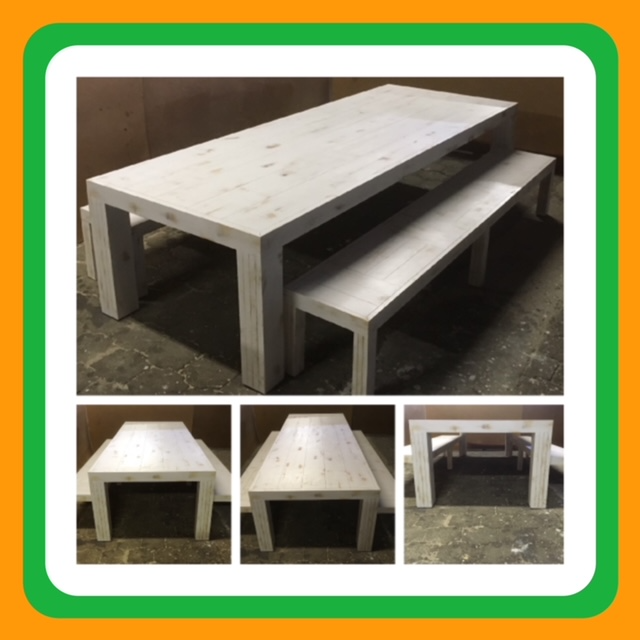 Patio table Chunky Farmhouse series 3000 with extra thick pillar legs Combo - White distressed