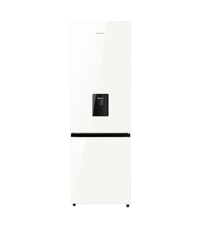 Hisense 350 l bottom freezer fridge with water dispenser white glass