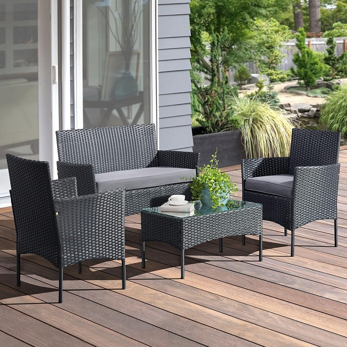 ENHANCE THE LOOK OF YOUR PATIO-SEAGULL SIENA BLACK FOUR PIECE STRING RATTAN. PATIO SET.
