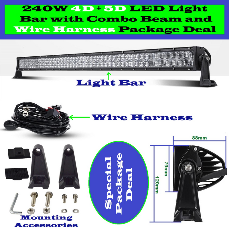 240W 4D and 5D NEW GENERATION LED Light Bar and Wire Harness Kit LED Auto Work Spot Search Light Bar