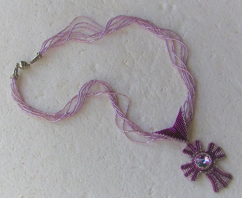 Beaded - Handmade 2 in 1 - Fuchsia and Lilac Cross with a Swarovski Crystal Necklace