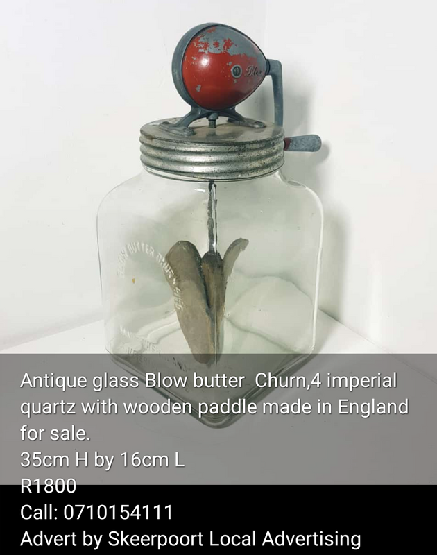 Antique glass Blow butter churn, 4 imperial quartz made in England for sale