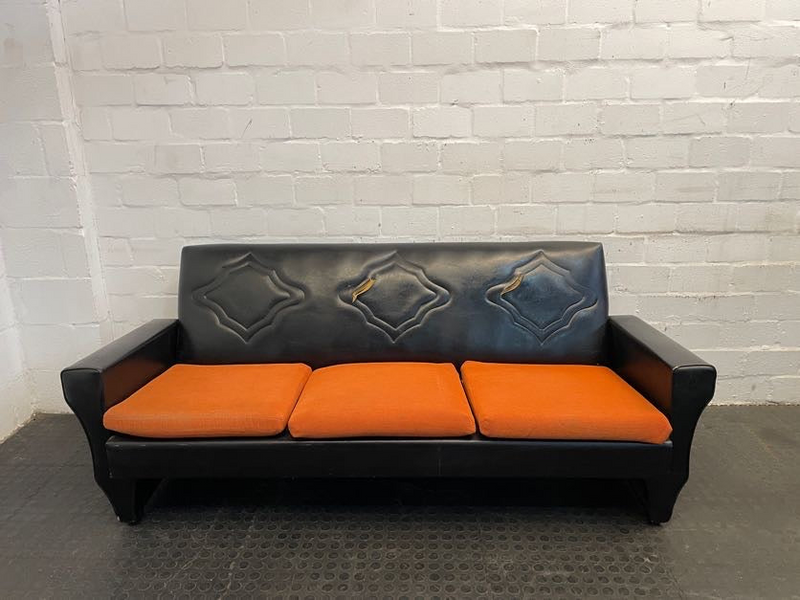 1960s Art Deco Orange and Black Pleather Three Seater Couch (Torn Backrest)-