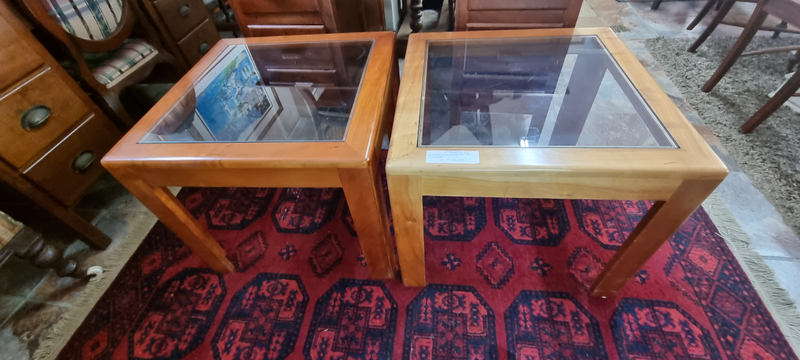 2 x Cherry-wood Glass-top Side Tables Large EACH