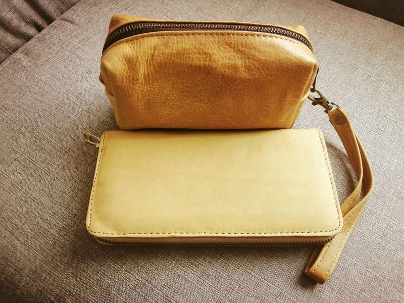 Genuine leather mustard purse &amp; mini cosmetics bag