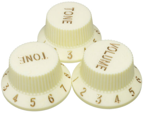 Vintage White with Gold Writing Strat style replacement knob set – 1 Volume, 2 tone