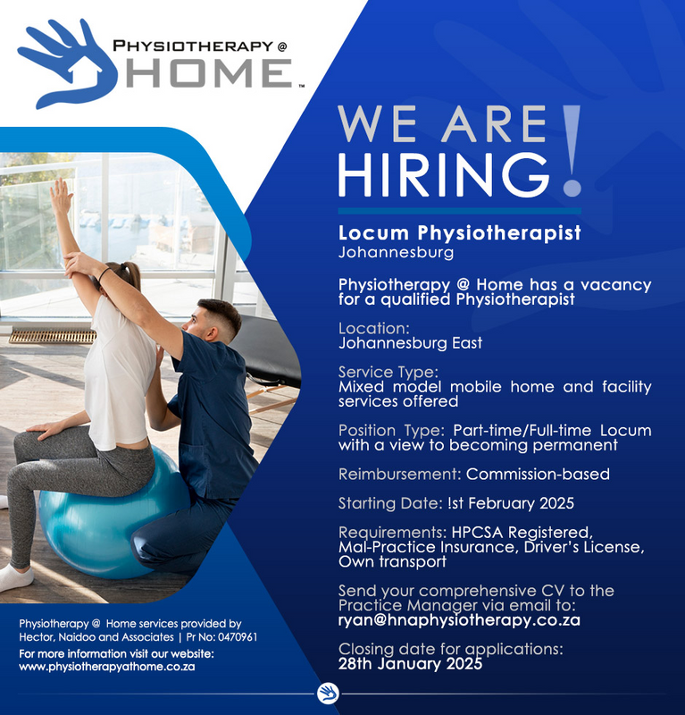 Locum Physiotherapist needed - Johannesburg East - Physiotherapy at Home