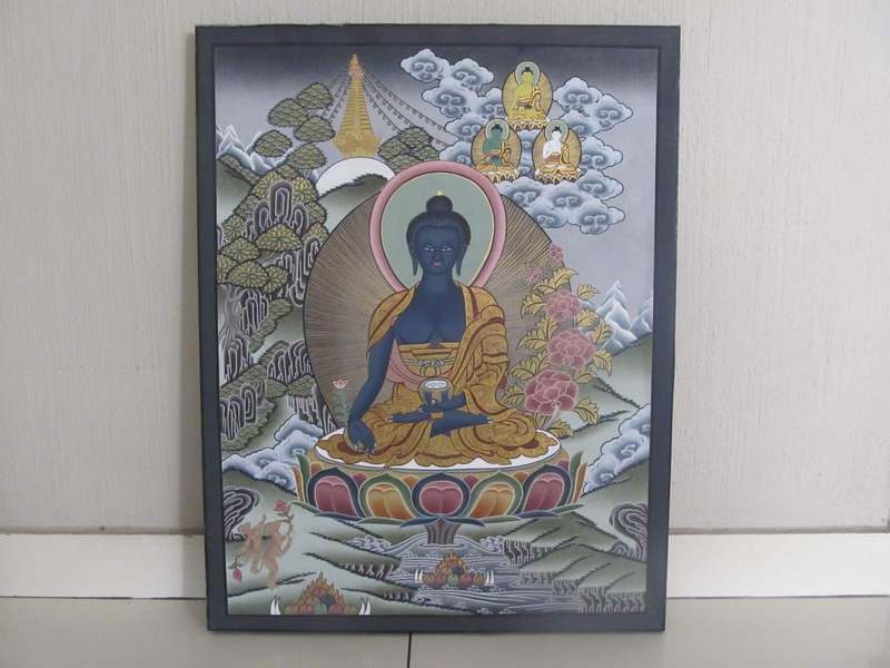 Framed Pastel Painting of Deep Blue Medicine Buddha