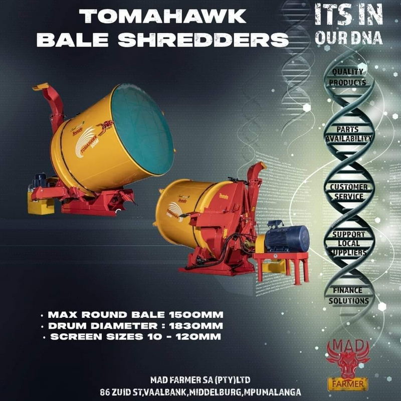 New Tomahawk teagle bale shredders available for sale at Mad Farmer SA
