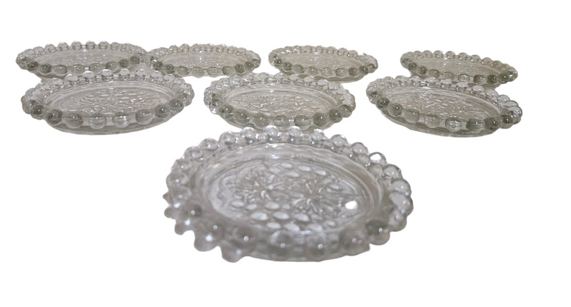 Imperial Glass Candlewick grapes and leaves wine glass coasters, depression glass tableware