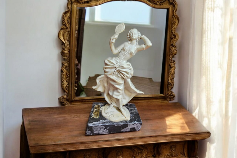 Exquisite Victorian Lady Figurine, gracefully poised on a genuine Carrara marble base made in Italy