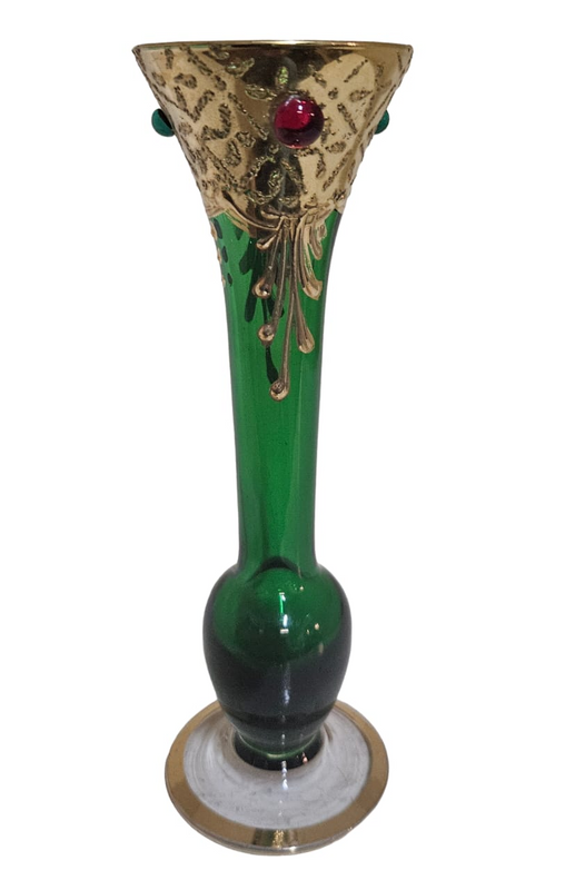 Bohemian Czech Glass Bud Vase Green Gold Trim Hand Painted Raised flowers