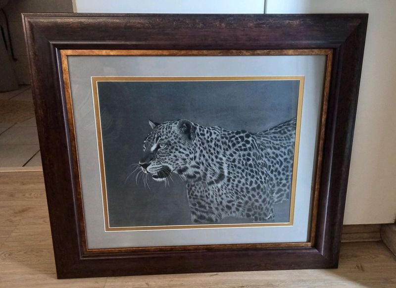 Framed charcoal drawn leopard