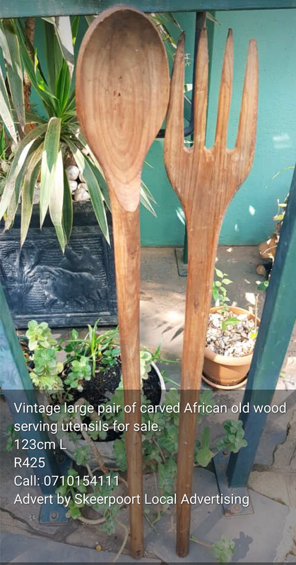 Vintage large pair carved African old wood serving utensils for sale
