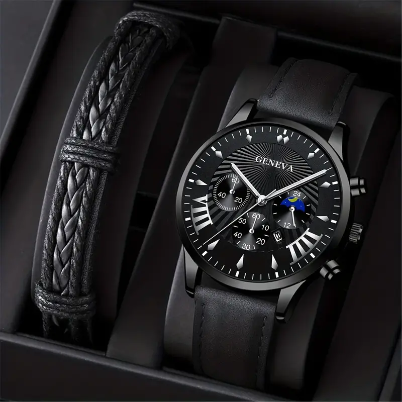 1pc Men&#39;s  Business Calendar Belt Quartz Watch &amp; 1pc  Bracelet