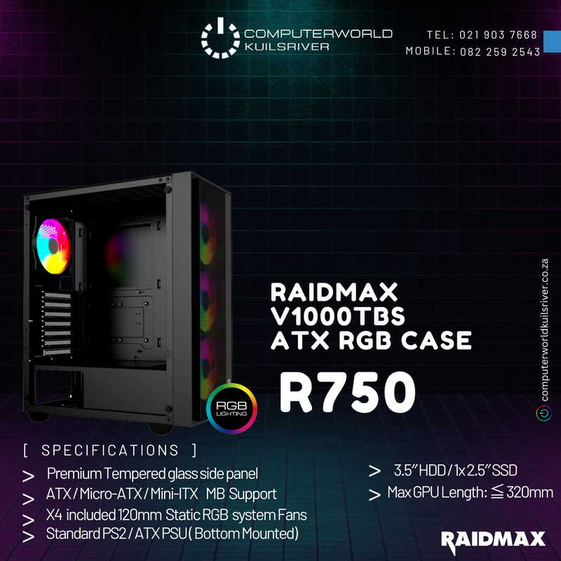 NEW RAIDMAX V1000TBS ATX RGB GAMING CASE FOR R750