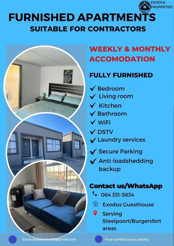 Fully furnished apartments suitable for contractors (Steelpoort &amp; Burgersfort)