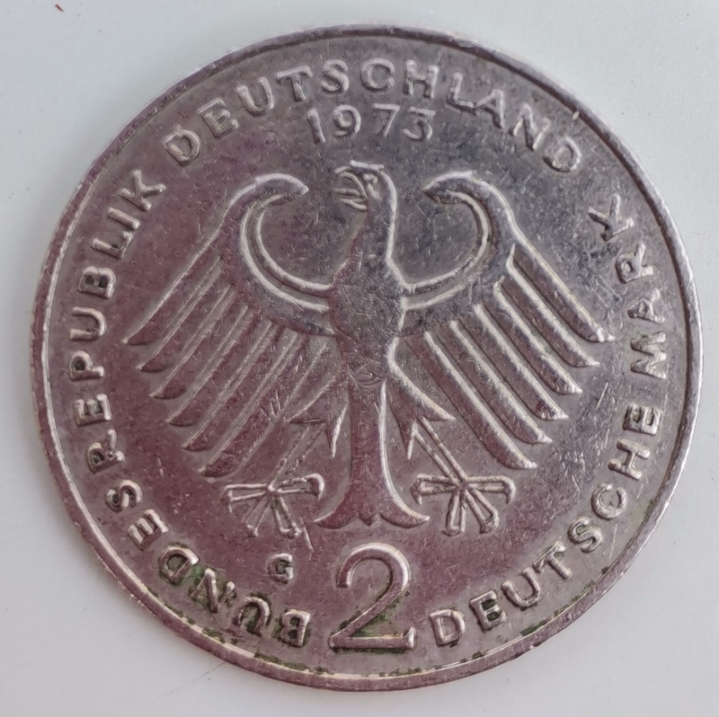 1973 German 2 Deutsche Mark (G) (1948-2001) (2 DEM) Theodor Heuss Commemorative Coin For Sale.