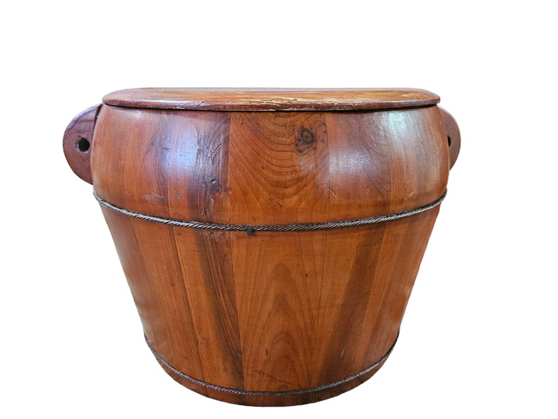 ANTIQUE CHINESE WOODEN RICE POT BUCKET WITH LID