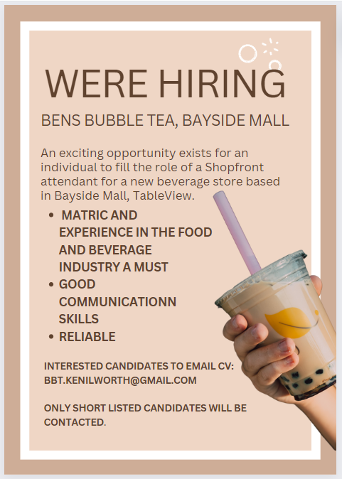 Bens Bubble Tea Bayside Mall - Shopfront Attendant