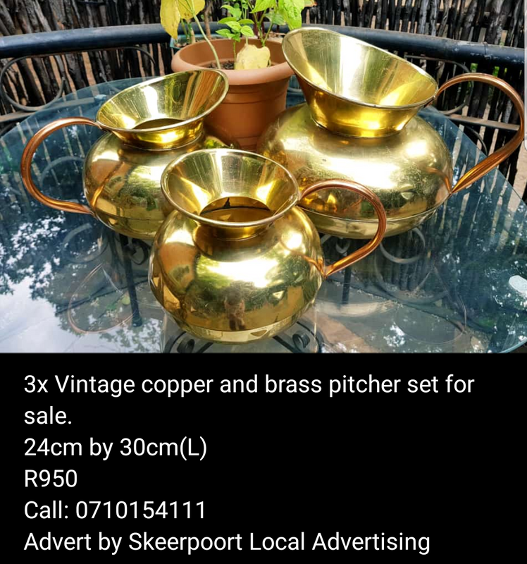 3x vintage large copper and brass pitcher set for sale