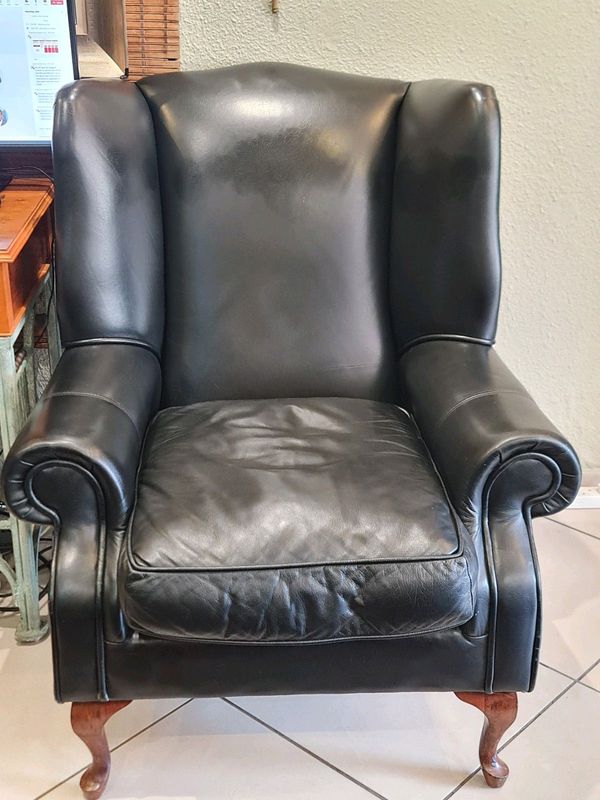Genuine Leather Wingback Chair - Black