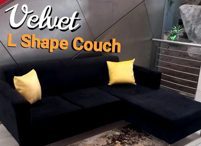 Black velvet corner couch L shape