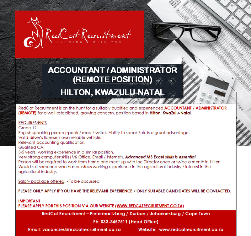 Accountant / Administrator (Remote) - Hilton / Pietermaritzburg / Howick