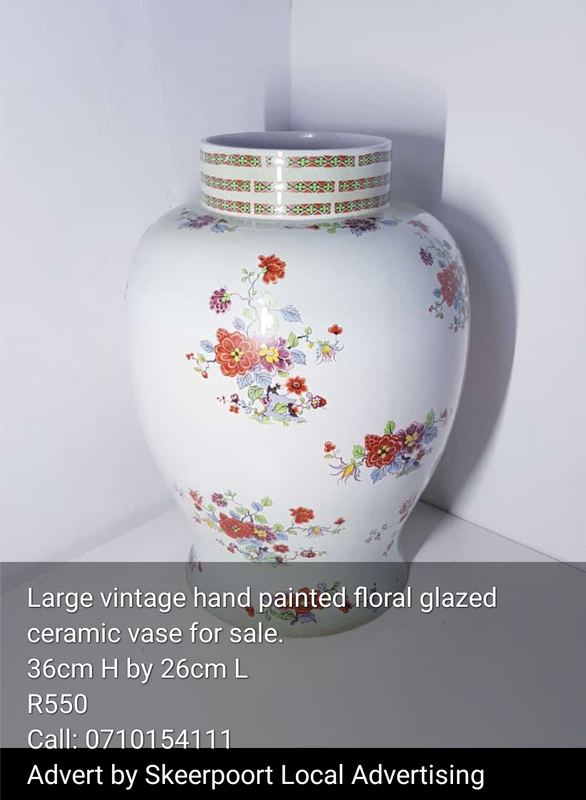 Vintage large hand painted floral glazed ceramic vase for sale