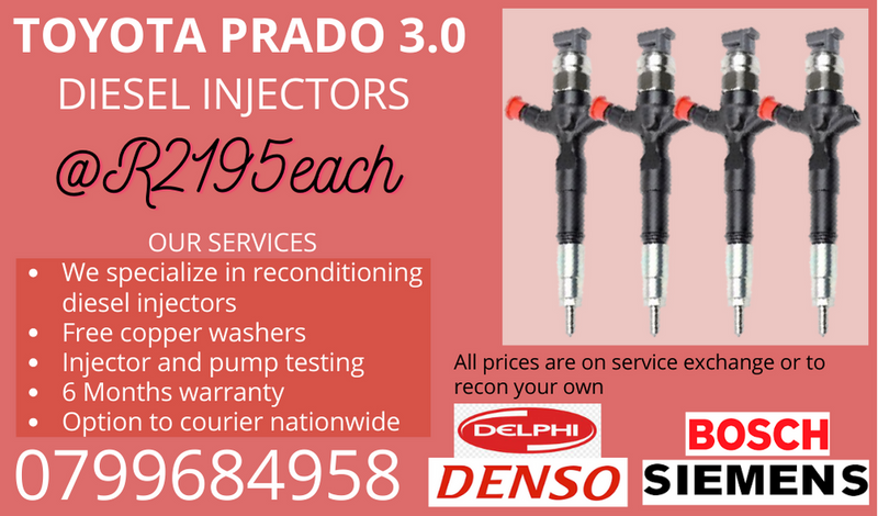 TOYOTA PRADO 3.0 DIESEL INJECTORS/ WE RECON AND SELL ON EXCHANGE