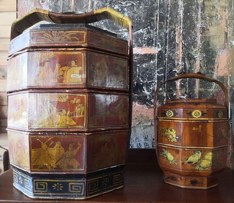 Set of Authentic Antique Chinese Wooden Octagon Wedding Baskets. R5500