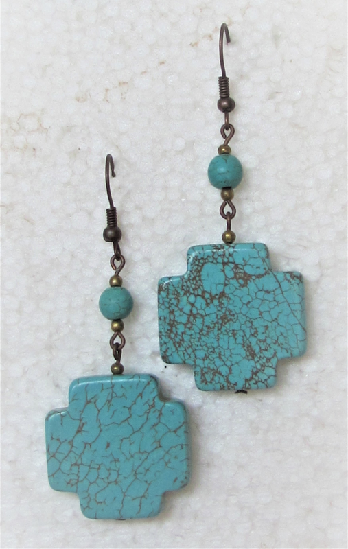 Blue Turquoise Gemstone Cross Earrings