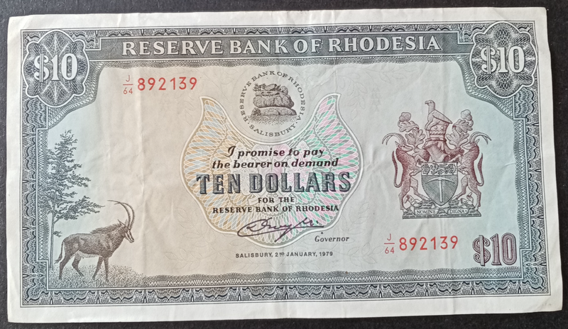 Nice 1979 Rhodesia $10 in VF (Bird Watermark)