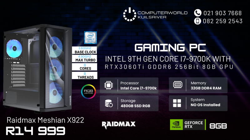 i7 9TH GENE/ 32GIG RAM/ RTX3060Ti 8GIG GPU COMPLETE GAMING PC FOR R14999