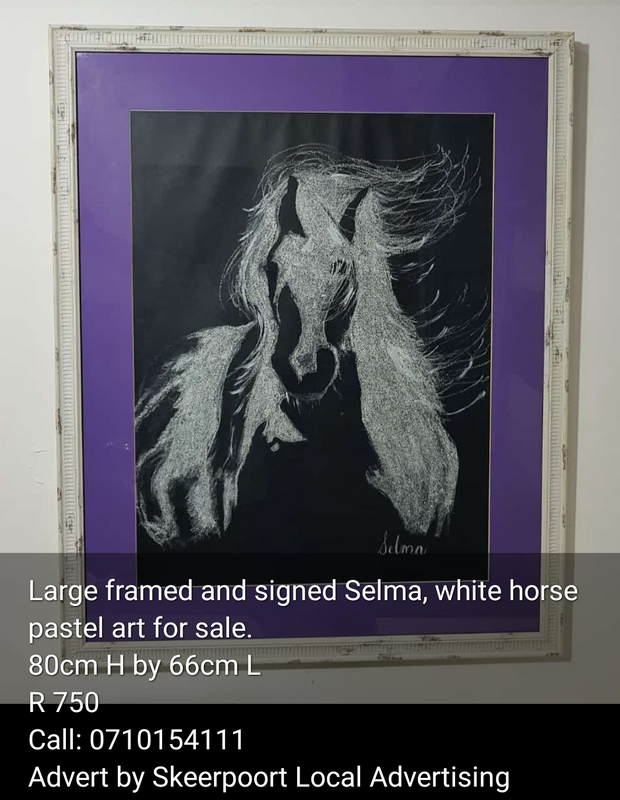 Large framed and signed Selma, white horse pastel art for sale