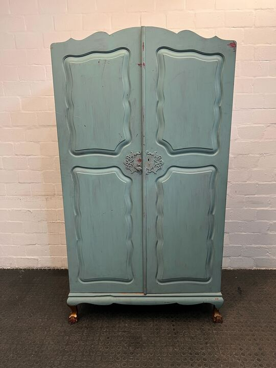 Wooden 19th Century French Styled Blue Cupboard with Railing &amp; Mirror (Scratched) (Width: 107cm