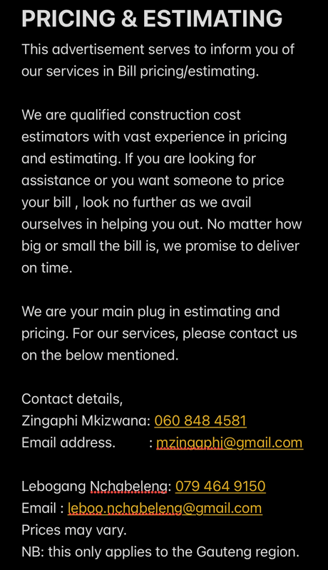 BILL PRICING AND ESTIMATING